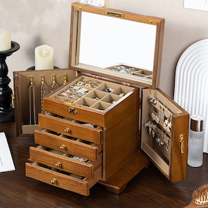 Gravieren Schmuck Organizer, große Schmuckschatulle, 4/5 Tier Holz Schmuckschatulle mit Schloss, Schmuckschatulle mit Schublade, Vintage Schmuckschatulle für Frauen Frau