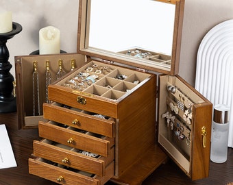 Engrave Jewelry Organizer,Large Jewelry Box,4/5 Tier Wooden Jewelry Box With Lock,Jewelry Box With Drawer,Vintage Jewelry Box for Women wife