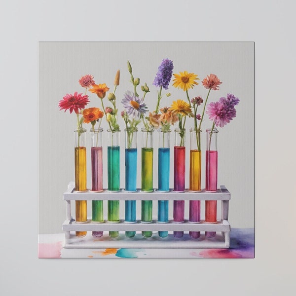 Watercolor Test Tube Rack with Wildflowers Printed on Matte Canvas, Gift for Science Chemistry or Biology Teacher, Science Classroom Decor