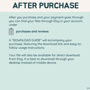 May include: A teal-colored graphic with the words "AFTER PURCHASE" in a dark teal font. The text explains how to find files on Etsy after purchase, including "purchases and reviews" and a "DOWNLOAD GUIDE."