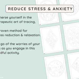 May include: A collection of line art tracing pages with nature-themed illustrations, including mountains, a lighthouse, and a campsite. The text "REDUCE STRESS & ANXIETY" is at the top, with additional text promoting tracing as a stress-reducing activity.