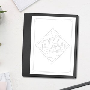 May include: A black e-reader displays a line drawing of a cabin in a mountain landscape. The drawing is framed within a diamond shape. The e-reader is on a white surface with a succulent plant, a gold ring, and a pen.