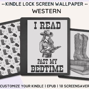 May include: Three Kindle e-reader screens displaying different Western-themed lock screen wallpapers. The first screen shows a pattern of cowboy boots and horseshoes. The second screen shows a woman wearing a cowboy hat and holding a book with the text "I read past my bedtime". The third screen shows a pair of cowboy boots on top of a stack of books.