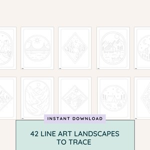 May include: A collection of ten line art landscape designs, each framed in various shapes. The designs feature mountains, bridges, and camping scenes. The text "INSTANT DOWNLOAD" and "42 LINE ART LANDSCAPES TO TRACE" are also visible.
