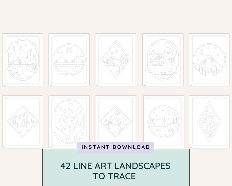 May include: A collection of ten line art landscape designs, each framed in various shapes. The designs feature mountains, bridges, and camping scenes. The text "INSTANT DOWNLOAD" and "42 LINE ART LANDSCAPES TO TRACE" are also visible.
