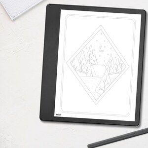 May include: A black e-reader displays a camping-themed illustration within a diamond frame. The image features a tent, trees, a lake, a crescent moon, and stars. A black stylus rests on the surface. The word "INDEX" is visible at the bottom of the screen.