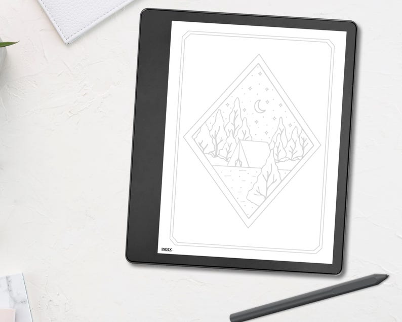 May include: A black e-reader displays a camping-themed illustration within a diamond frame. The image features a tent, trees, a lake, a crescent moon, and stars. A black stylus rests on the surface. The word "INDEX" is visible at the bottom of the screen.