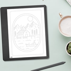 May include: A digital tablet displays a black and white line drawing of a cabin on a lake with mountains, trees, a boat, and a moon. The tablet is on a light blue surface, next to a cup of coffee, a succulent, and a stylus.