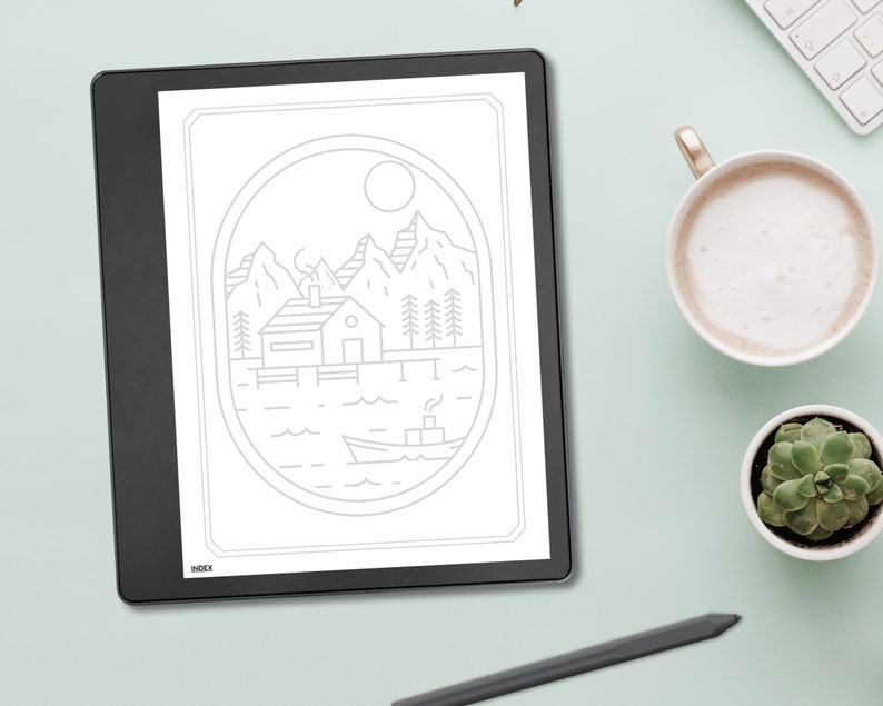 May include: A digital tablet displays a black and white line drawing of a cabin on a lake with mountains, trees, a boat, and a moon. The tablet is on a light blue surface, next to a cup of coffee, a succulent, and a stylus.