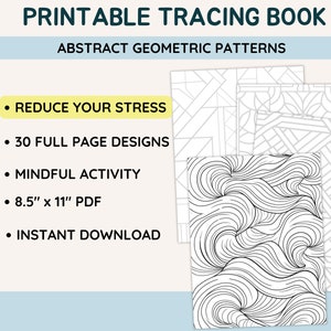 Op de afbeelding: Printbaar traceerboek met abstracte geometrische patronen. Het boek bevat 30 volbladontwerpen en is 21,6 cm x 27,9 cm groot. Het is een aandachtige activiteit om stress te verminderen en is direct te downloaden.