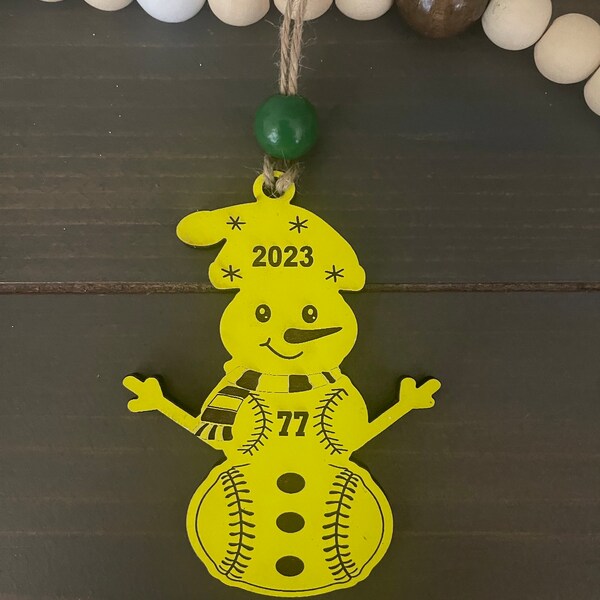 Personalized Snowman Softball Player Ornament, Engraved and Cut Sports Ornament with Number and Year