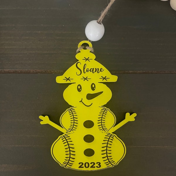 Personalized Snowman Softball Player Ornament, Engraved and Cut Sports Ornament with Name and Year