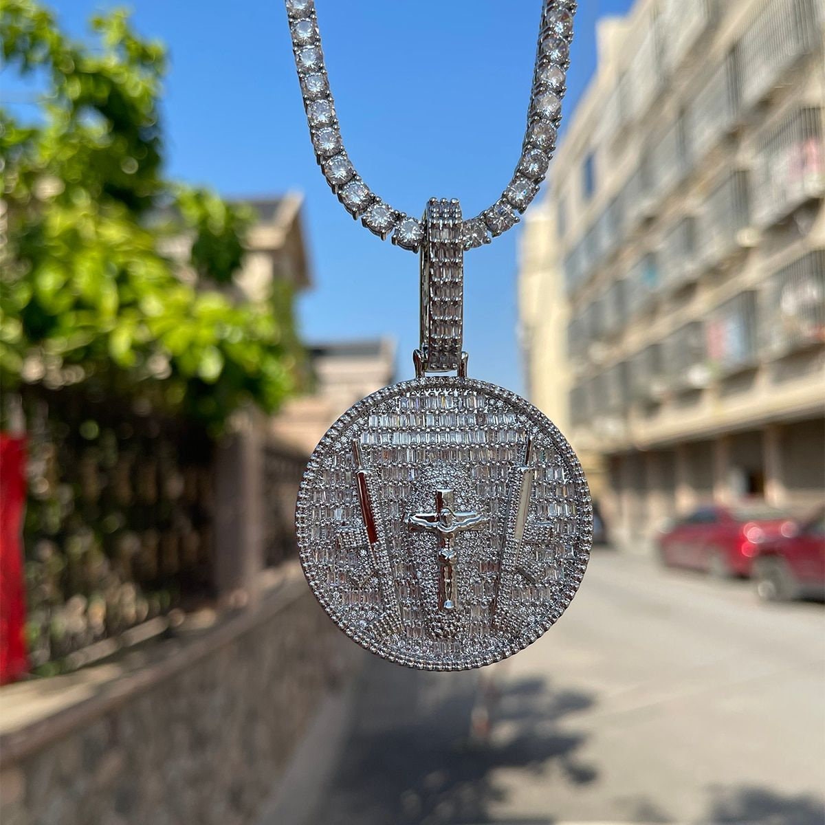 Full Diamond Cross and Guns Badge Iced Out VVS Shine Pendant Jewelry