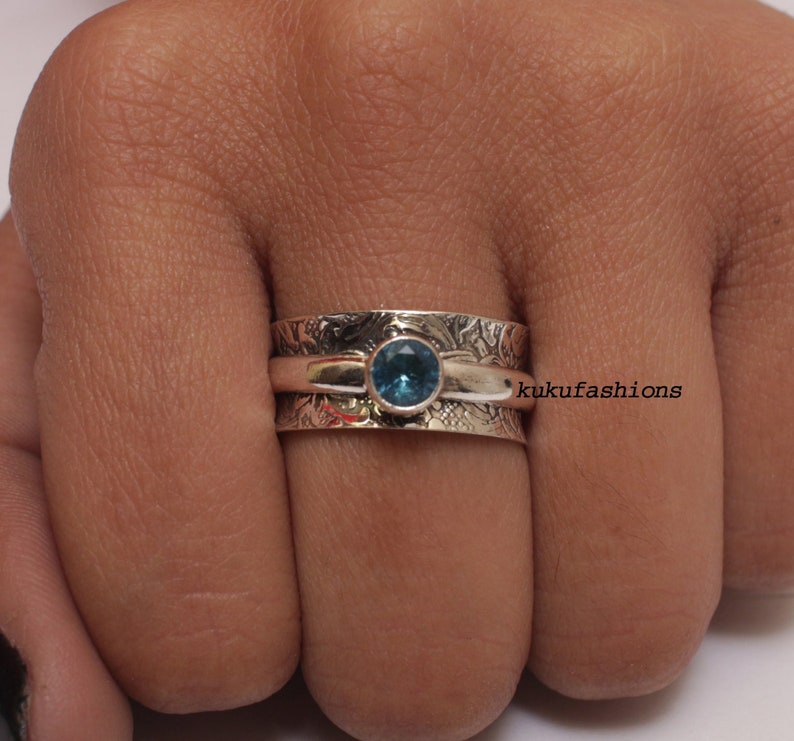 Blue Topaz Ring, Handmade Ring, Spinner Ring, Women Ring, 925 Silver Ring, Natural Topaz, Meditation Ring, Worry Ring, Topaz Jewelry imagem 1