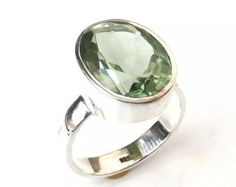 Green Amethyst Ring, Gemstone Ring, Statement Ring, Dainty Ring, Sterling Silver Ring, Adorable Ring, Gift Item, Cut Stone Ring, Boho Ring