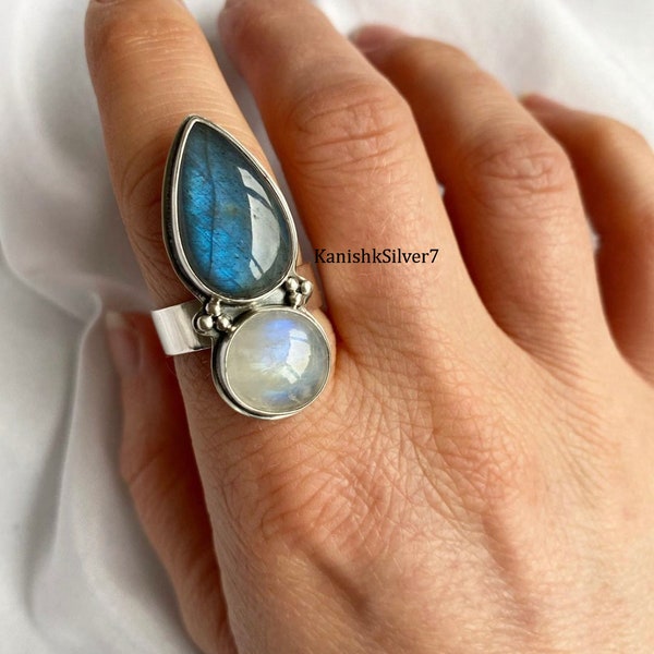 Blue Fire Labradorite & Moonstone Ring, Gemstone Ring, Boho Ring, Sterling Silver Ring, 2 Stone Ring, Labradorite Jewelry, Natural Moonstone