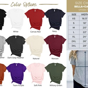 May include: A product image showcasing a variety of unisex t-shirts in various colors, including black, white, and navy. A size chart is also included, with measurements in inches for width and length, ranging from XS to 3XL.