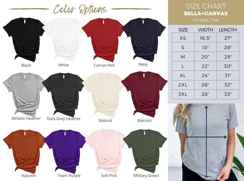 May include: A product image showcasing a variety of unisex t-shirts in various colors, including black, white, and navy. A size chart is also included, with measurements in inches for width and length, ranging from XS to 3XL.