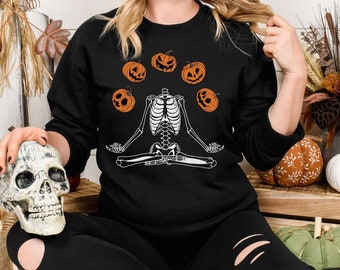 Skeleton Pumpkin Sweatshirt, Halloween Pumpkin Shirt, Skeleton Crewneck Sweatshirt