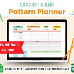 Può includere: Un computer portatile che mostra un foglio di calcolo con il titolo "Crochet & Knit Pattern Planner" in testo arancione e nero. Il foglio di calcolo è progettato per aiutare gli artigiani a pianificare e tenere traccia dei loro progetti di uncinetto e maglia. Il foglio di calcolo è etichettato come "Google Sheets | Microsoft Excel | Download immediato".