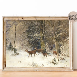 Vintage Winter Deer Landscape Art Print (Digital Download)