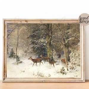 Winter Deer Print, Printable Vintage Painting, Deer In The Snow, Winter Woodland Forest Printable, Christmas Landscape Printable, Trees