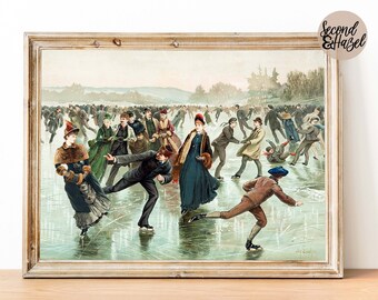 May include: Vintage framed print depicting a winter scene of people ice skating on a frozen lake. The artwork features figures in period clothing, with a light brown wooden frame. The image has a soft, muted color palette.