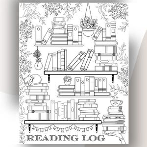 Op de afbeelding: Zwart-wit afdrukbaar leeslogboek met een boekenplankontwerp. De afbeelding toont stapels boeken op planken, een hangplant en de tekst "READING LOG". Het ontwerp bevat de tekst "Stay organized with this PRINTABLE Reading Log".