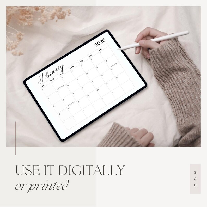 February 2026 Calendar Printable, Month of Jan Landscape, Minimal ...