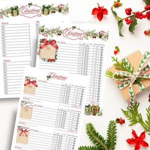 May include: Three white paper sheets featuring Christmas shopping lists and gift trackers with watercolor illustrations of pine branches, red berries, and gift tags with red ribbons. The text includes Christmas Shopping List and Christmas Gift Tracker.