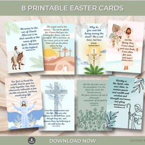Peut inclure: Ensemble de huit cartes de Pâques imprimables sur le thème religieux. Chaque carte présente un verset biblique différent et des illustrations en couleurs pastel douces. Les cartes incluent des images de Jésus, des croix et des éléments floraux.