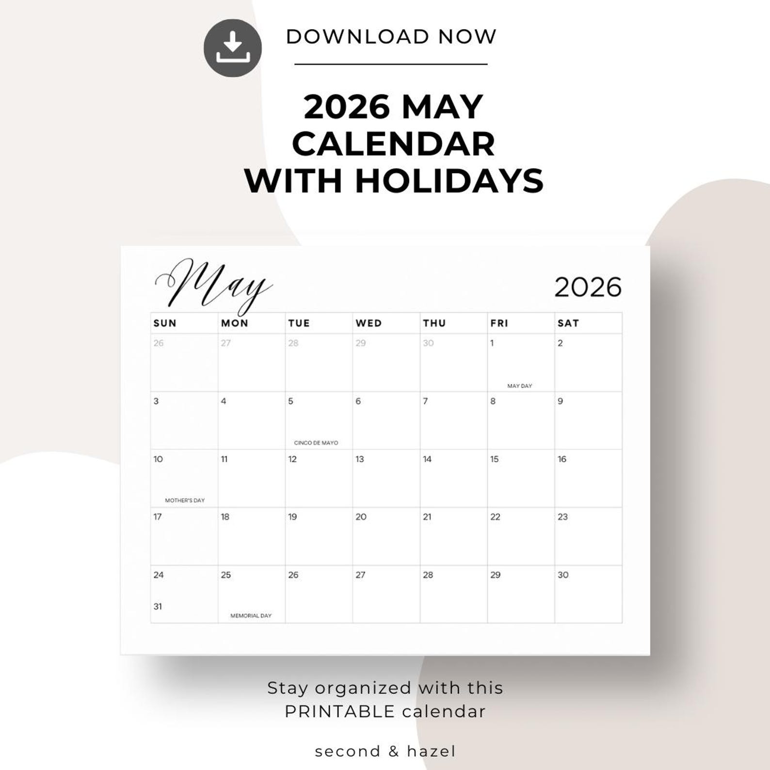 Calendario imprimible de mayo de 2026, mes de mayo horizontal ...