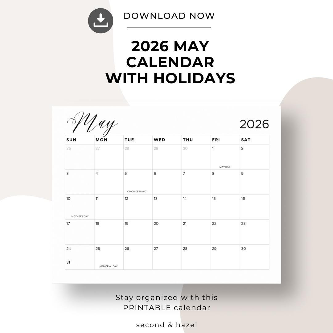 Calendario imprimible de mayo de 2026, mes de mayo horizontal ...