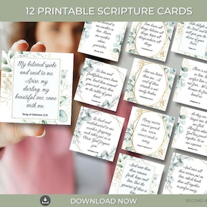 May include: A set of 12 printable scripture cards featuring black cursive text on a white background, framed by green eucalyptus leaves and gold geometric lines. Each square card displays a unique Bible verse, including Song of Solomon 2:10.