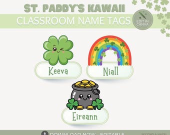 St. Patrick's Day Kawaii Name Tags, Editable Cubby Labels, Shamrock, Pot of Gold, Rainbow, Student Names, Canva Template