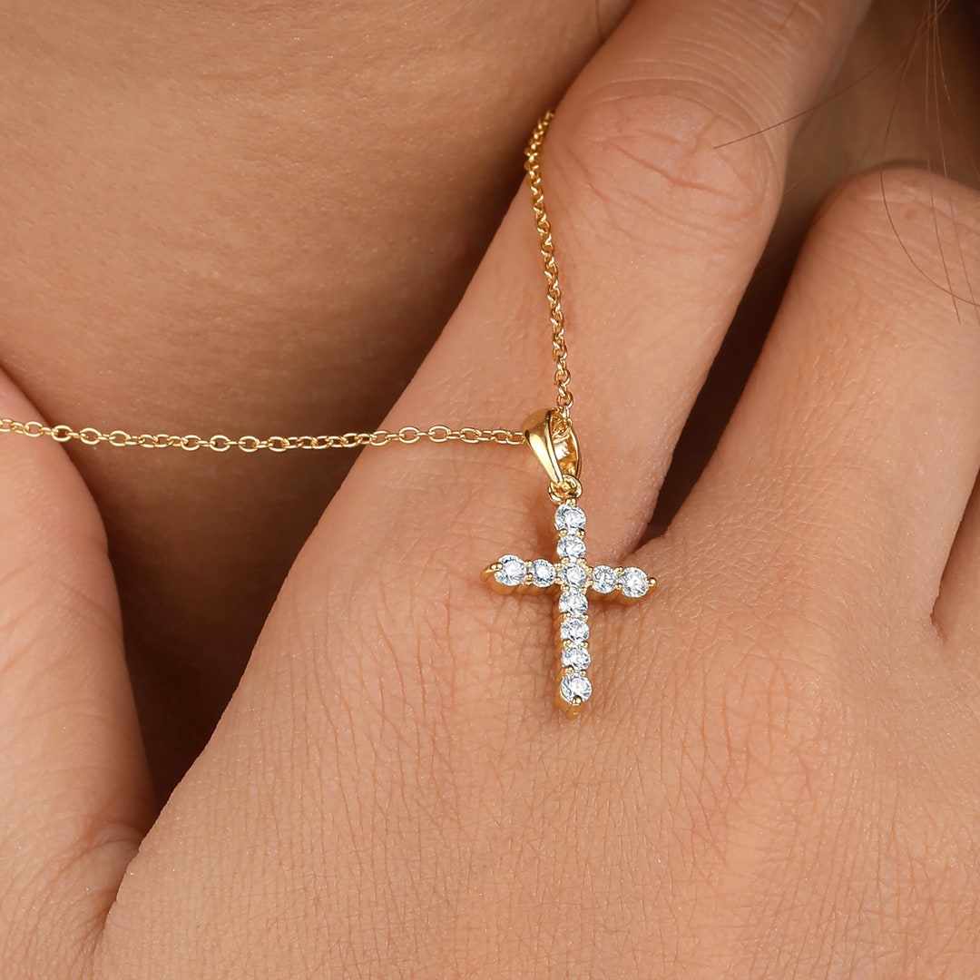 Lab Diamond Cross Necklace/ 14k Gold Minimalist Real Etsy