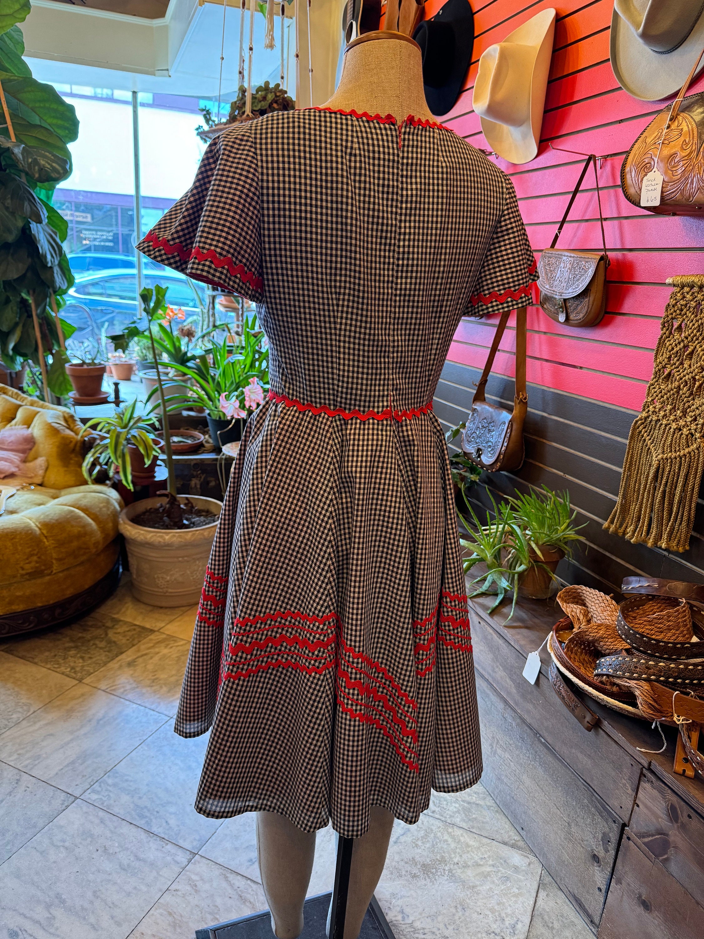 70s Gingham Square Dancing Dress Ric Rac Circle Skirt Etsy