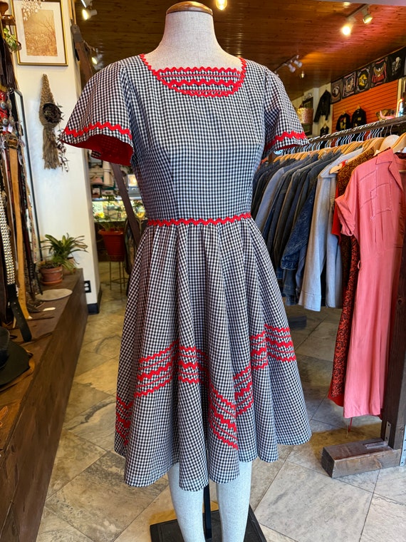 70s Gingham Square Dancing Dress Ric Rac Circle S… - image 1