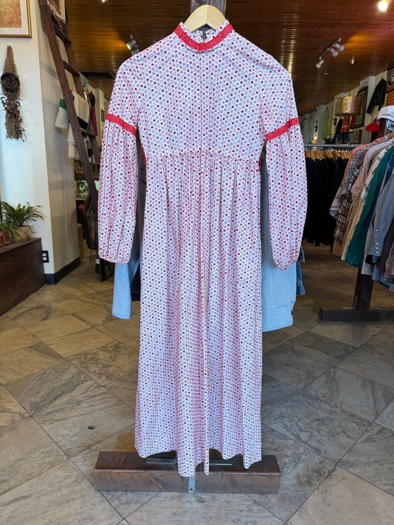 Vintage 60s Flocked Heart Dress Bishop Sleeve Maxi