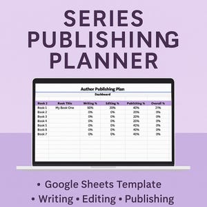 May include: A laptop screen displays a series publishing planner template. The screen shows a table with columns for writing, editing, publishing, and overall percentages. The text at the top reads "Series Publishing Planner". Below the screen are the words "Google Sheets Template".