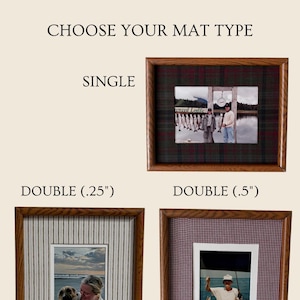 May include: Three wooden picture frames with different matting options labeled CHOOSE YOUR MAT TYPE, SINGLE, DOUBLE (.25"), and DOUBLE (.5"). The frames display photographs of people outdoors, featuring plaid, pinstriped, and checkered fabric matting.