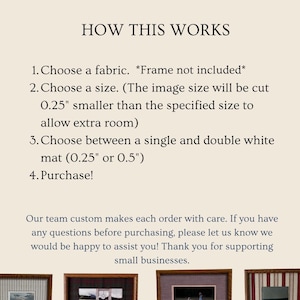 May include: An informational graphic titled HOW THIS WORKS with four steps for ordering custom fabric prints. It specifies choosing fabric, size with a 0.25 inch cut allowance, and a single or double white mat of 0.25 or 0.5 inches. Includes contact info.