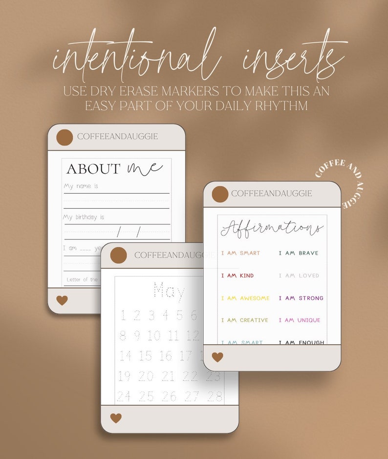 Op de afbeelding: Drie afdrukbare droog uitwisbare kaarten met een bruine achtergrond. De eerste kaart zegt "Over mij" en heeft regels om een naam en verjaardag te schrijven. De tweede kaart is een kalender voor de maand mei. De derde kaart zegt "Affirmaties" en heeft een lijst met positieve affirmaties.