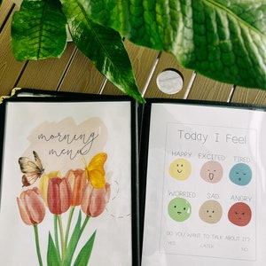Op de afbeelding: Twee ingelijste prints, een met een aquarel-illustratie van tulpen en vlinders met de tekst "morning menu" en de andere met de tekst "Today I Feel" en een tabel met zes verschillende emoties met bijbehorende gezichtsuitdrukkingen. De tabel bevat ook de vraag "Do you want to talk about it?" met de opties "Yes", "Later" en "No".