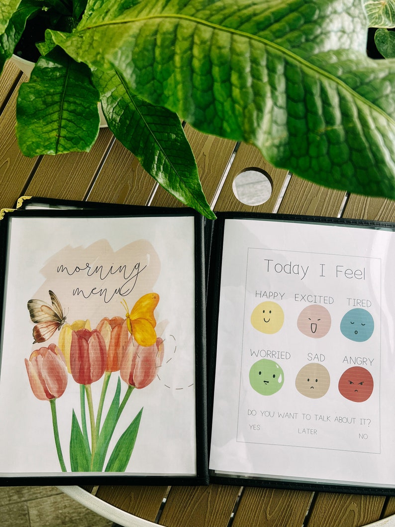 Op de afbeelding: Twee ingelijste prints, een met een aquarel-illustratie van tulpen en vlinders met de tekst "morning menu" en de andere met de tekst "Today I Feel" en een tabel met zes verschillende emoties met bijbehorende gezichtsuitdrukkingen. De tabel bevat ook de vraag "Do you want to talk about it?" met de opties "Yes", "Later" en "No".