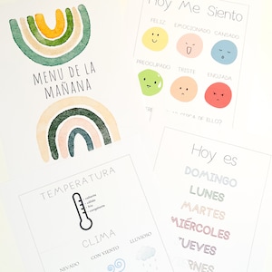 Menú de la mañana en español imprimible, canasta de la mañana, impresiones bilingües, educación en el hogar bilingüe, hora del círculo, clima del calendario en español + afirmaciones