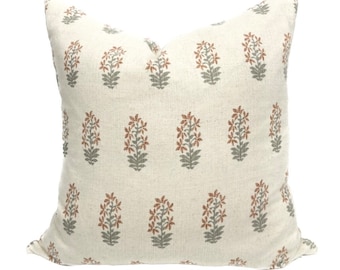 Floral Block Print Pillow Cover – Neutral Sage and Rust - Iris