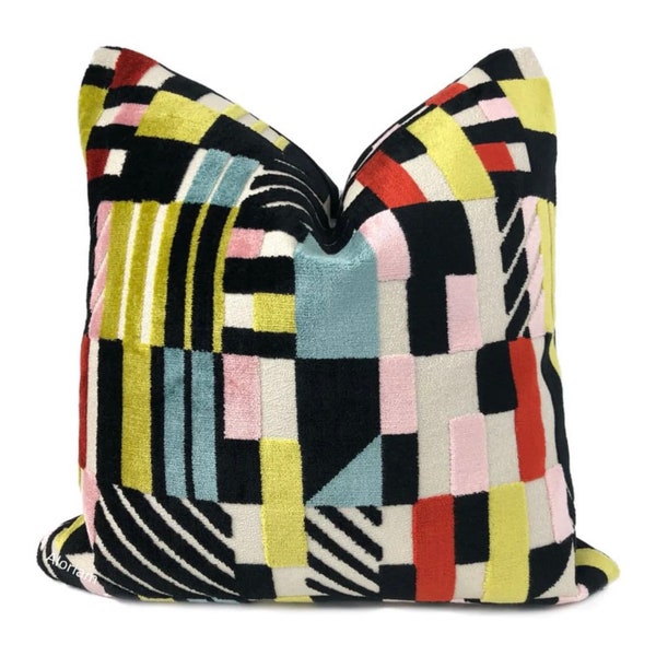 Multicolor Velvet Geometric Pillow Cover - Colorful Blocks and Stripes in Red, Yellow, Pink, Aqua Blue, Cream and Black - Liv Pillow Cover