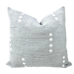 Grey Blue Mudcloth with White Dots Pillow Cover, Light Blue with White Polka dots, Authentic African Mudcloth Abstract - Adeline Pillow