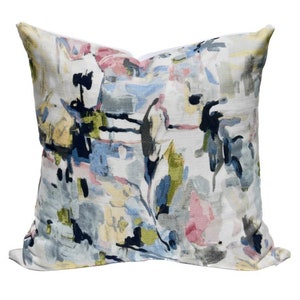 Floral Abstract Pillow Cover / Impressionist Artwork on Woven Cotton / Colorful Rose - Pink, Blue, White Watercolor - Ella